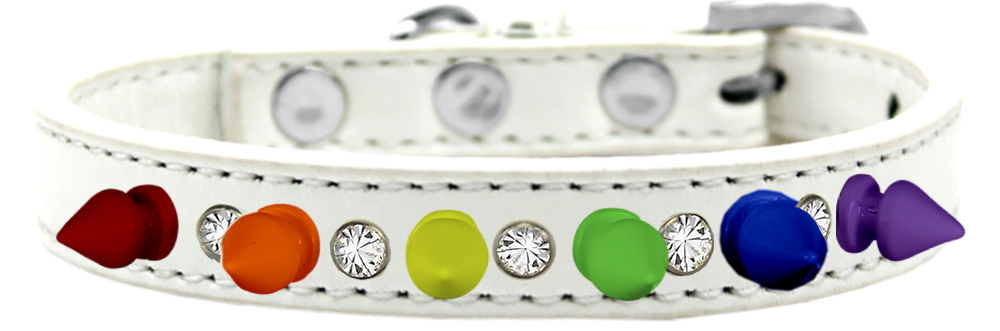 Crystal with Rainbow Spikes Dog Collar White Size 14